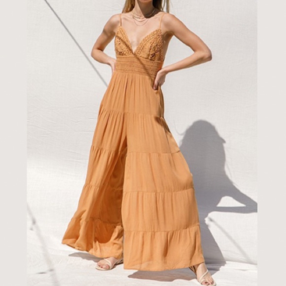 Fabulous Boho Chic Crochet Inset Tiered Wide Leg Summer Jumpsuit